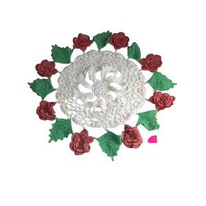 Handmade Floral Crochet Doily With Red Roses & Green Leaves Holly Poinsettia